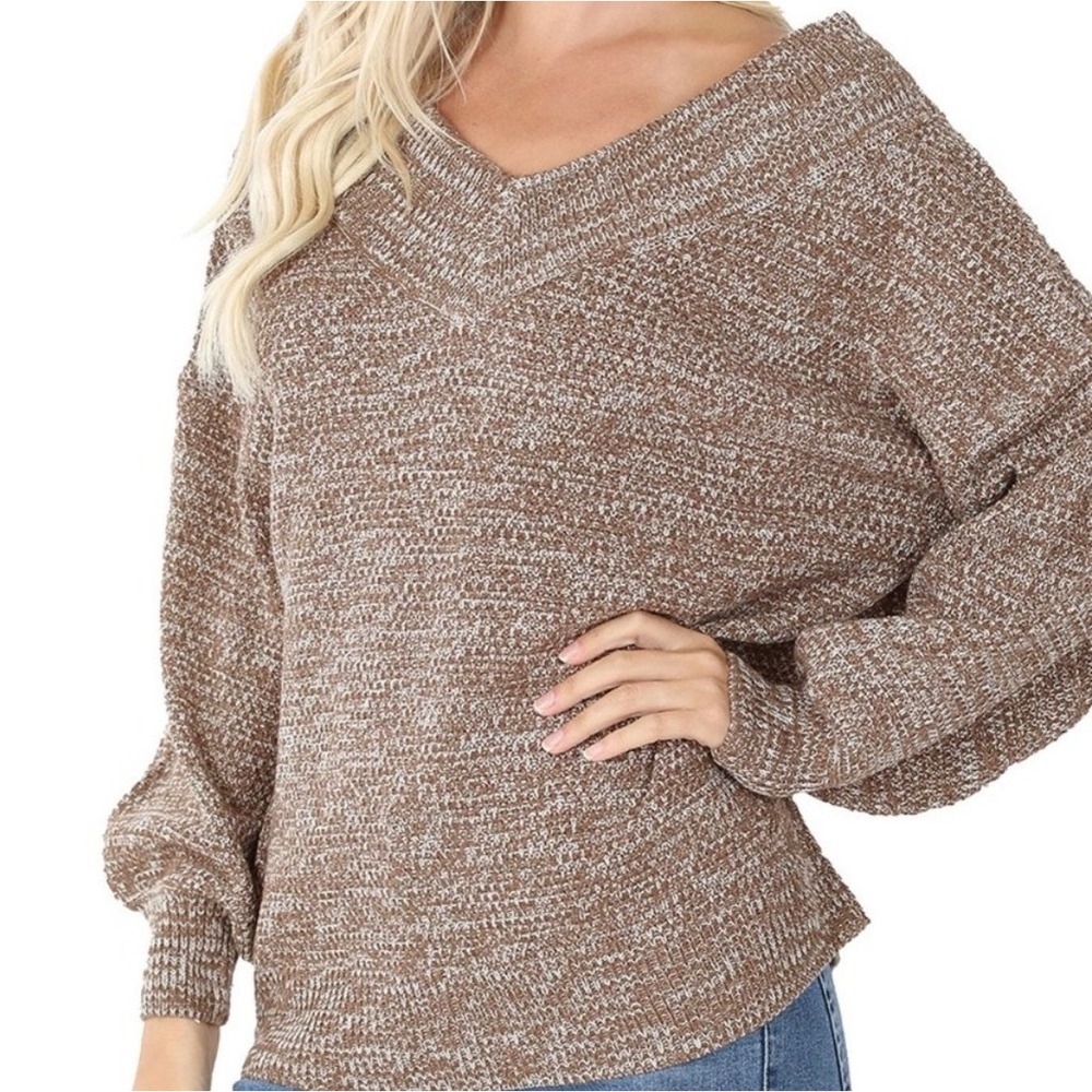 ZENANA Womens Knit Wide Sweater Brown White Speckled V Neck Balloon Sleeve L
